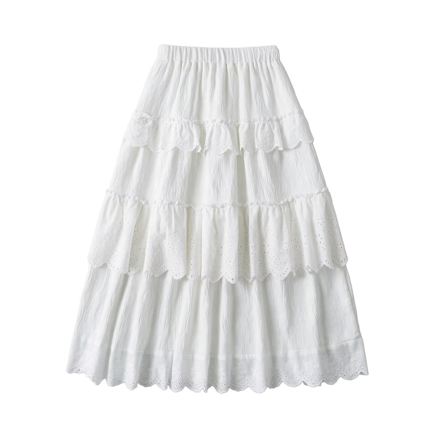 Elastic waist patchwork lace A-line skirt long skirt