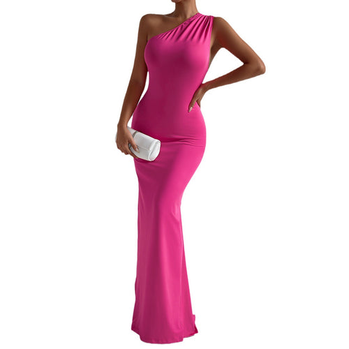 Hanging neck pleated slim fitting irregular floor length dress