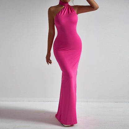 Hanging neck pleated slim fitting irregular floor length dress