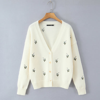 Retro style small fragrance V-neck single breasted knitted embroidered cardigan sweater