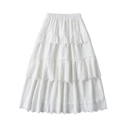 Elastic waist patchwork lace A-line skirt long skirt
