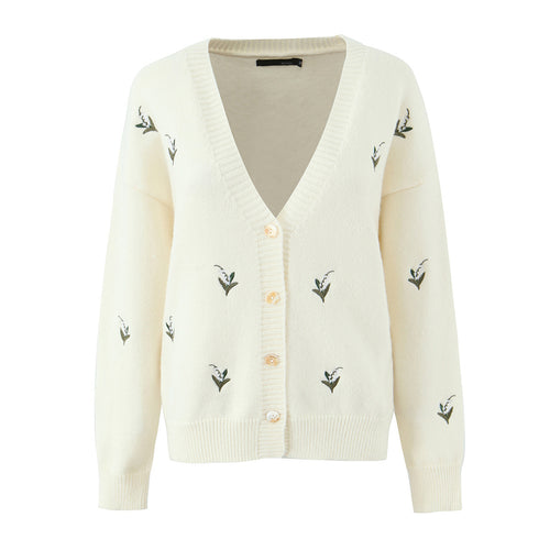 Retro style small fragrance V-neck single breasted knitted embroidered cardigan sweater