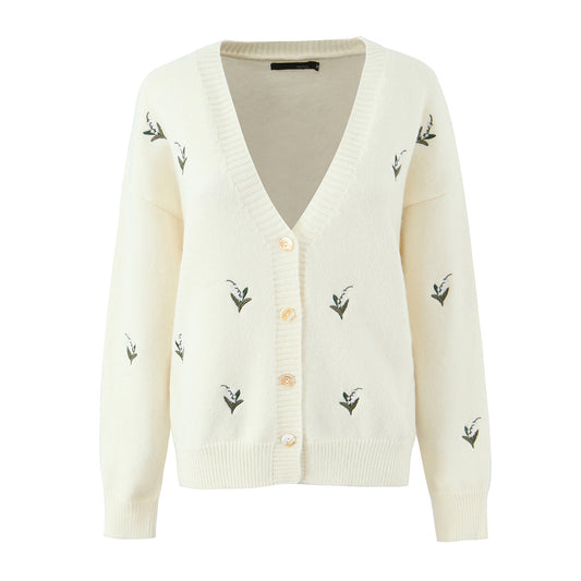 Retro style small fragrance V-neck single breasted knitted embroidered cardigan sweater