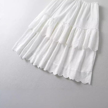 Elastic waist patchwork lace A-line skirt long skirt