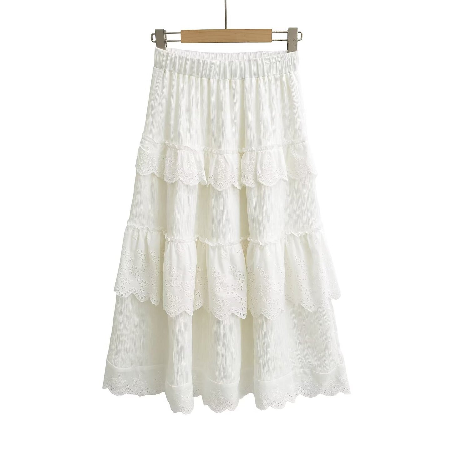 Elastic waist patchwork lace A-line skirt long skirt