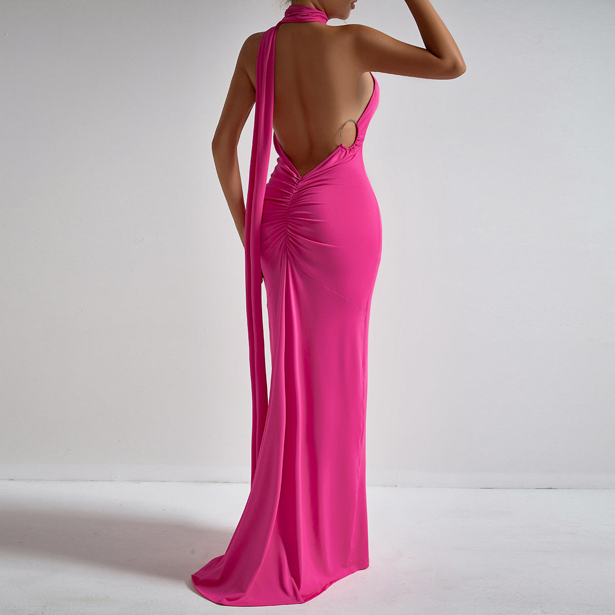 Hanging neck pleated slim fitting irregular floor length dress