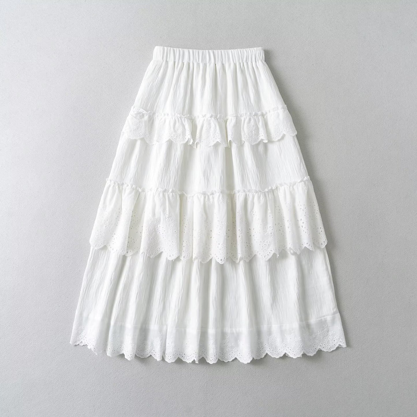 Elastic waist patchwork lace A-line skirt long skirt