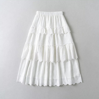 Elastic waist patchwork lace A-line skirt long skirt