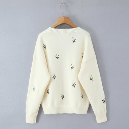 Retro style small fragrance V-neck single breasted knitted embroidered cardigan sweater